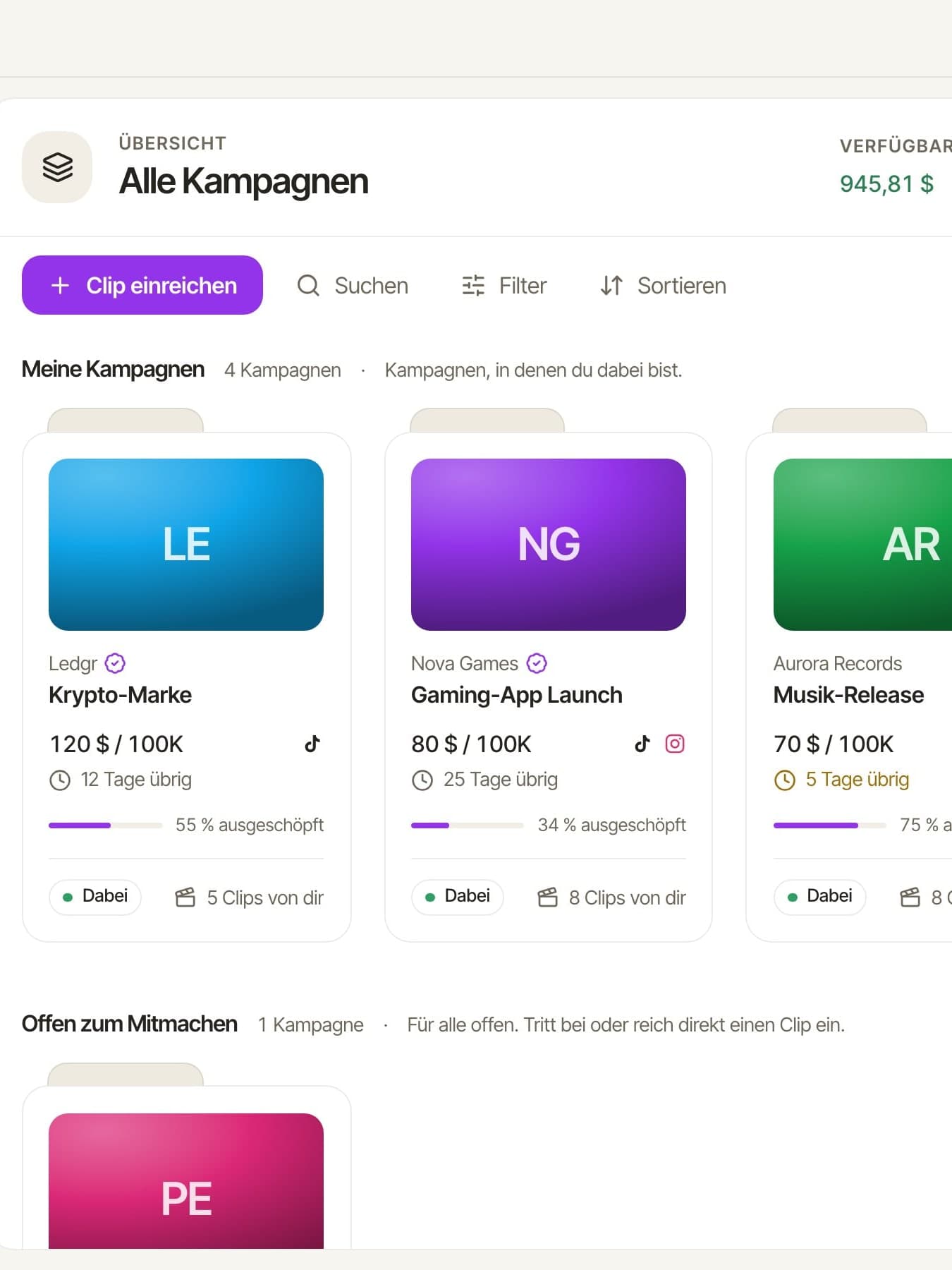 Die Clipper-App von geistclips: deine Kampagnen mit Rate, Plattformen und Restlaufzeit, darüber dein verfügbarer und ausgezahlter Verdienst.